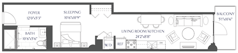 Floor plan for studio, 1 bath, 551 sqft